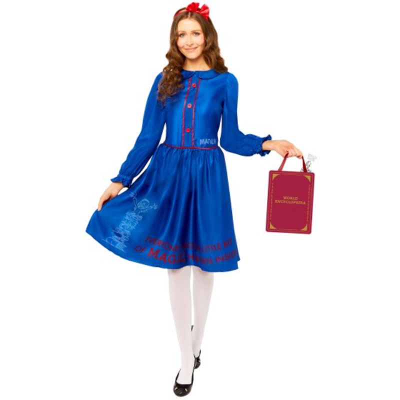 Women's Matilda costume set, size 10-12, featuring a dress, headband, and bookbag for themed events and Halloween.