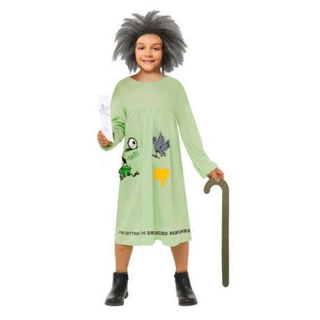 Whimsical Mrs. Twit costume for girls 3-4, featuring dress, wig, felt frog, cane, and bookmark for imaginative play.