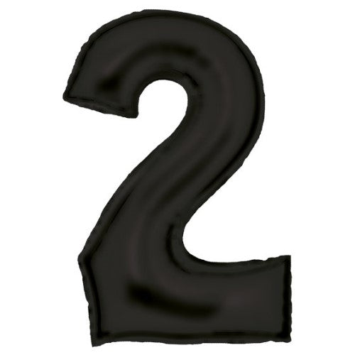 Large black foil balloon shaped like the number 2, measuring 55cm wide by 86cm high, self-sealing for convenience.