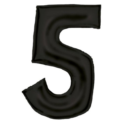 Large black foil Number 5 balloon with a silk lustre finish, measuring 56cm x 89cm, perfect for celebrations.