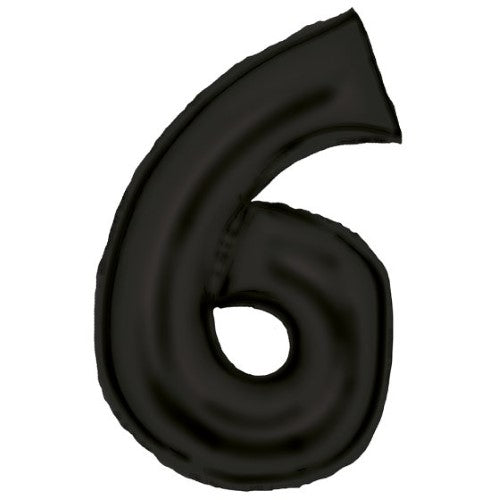Large black foil balloon in the shape of number 6, measuring 56cm wide x 92cm high, perfect for celebrations.