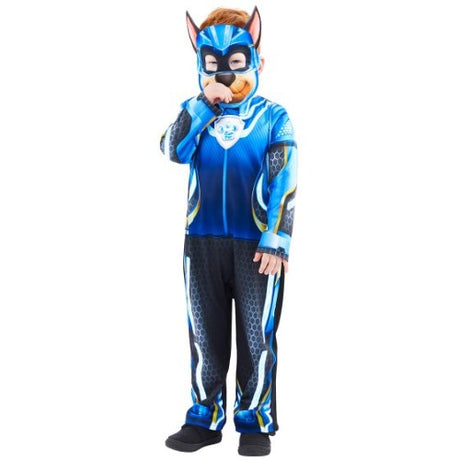 Glow-in-the-dark Paw Patrol costume for kids aged 3-4, featuring Chase's jumpsuit and mask, perfect for adventurous play.