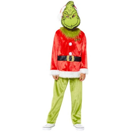 Child-sized Dr. Seuss Grinch costume with top, trousers, mask, and hat for festive and playful occasions.