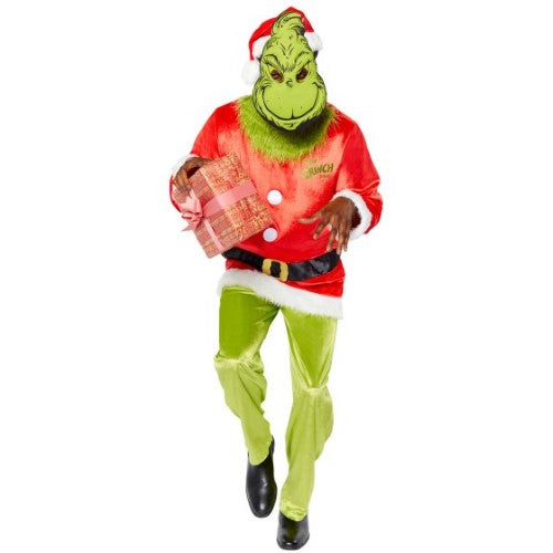 Dr. Seuss The Grinch costume for men, including top, trousers, mask, and hat in medium size.