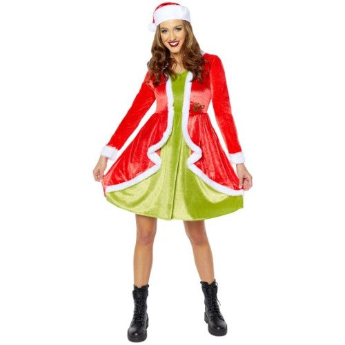 Women's Dr. Seuss The Grinch costume, green dress and whimsical hat, perfect for festive holiday events.