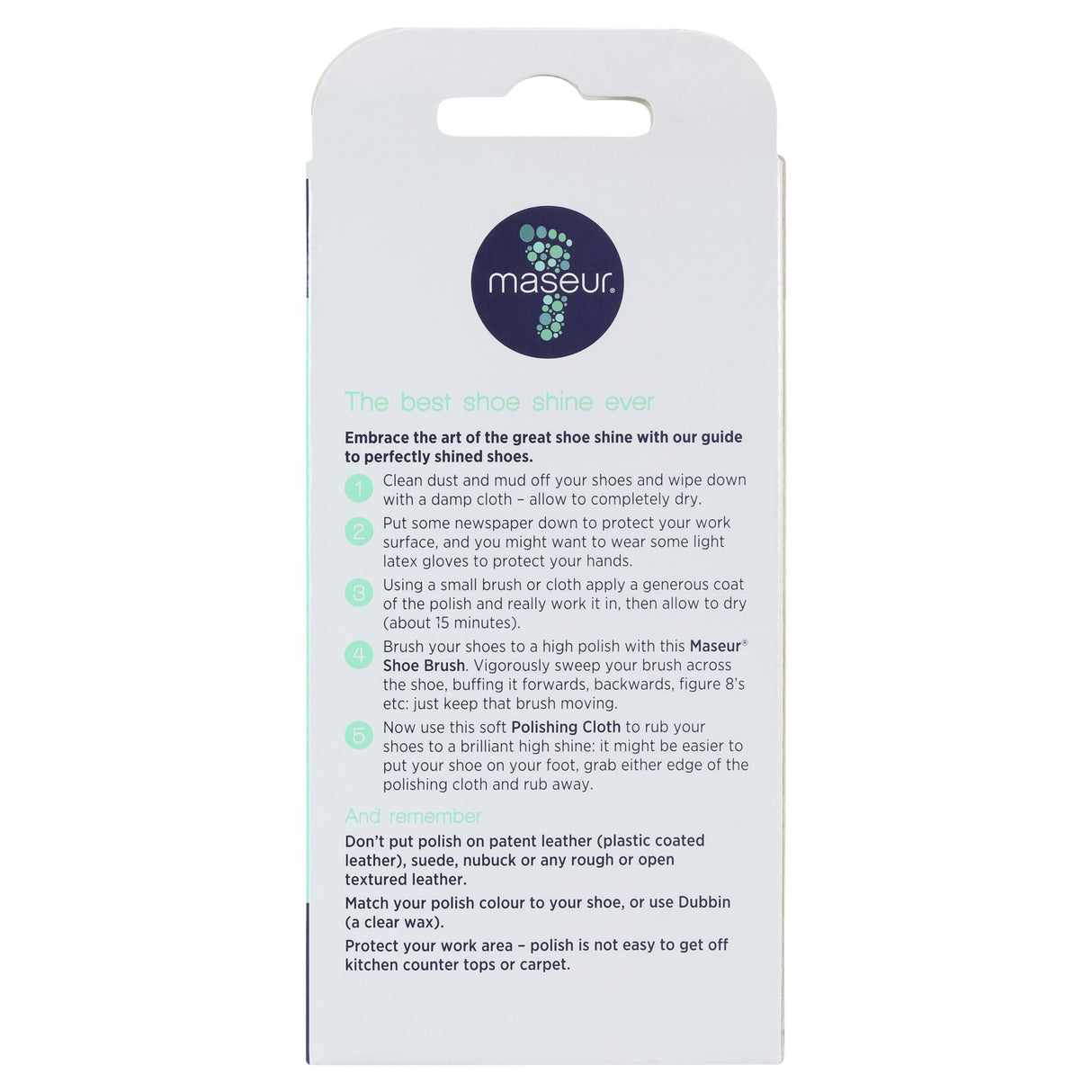 Footcare Professional Shoe Brush & Cloth set for cleaning and polishing various shoe materials to maintain shine and longevity.