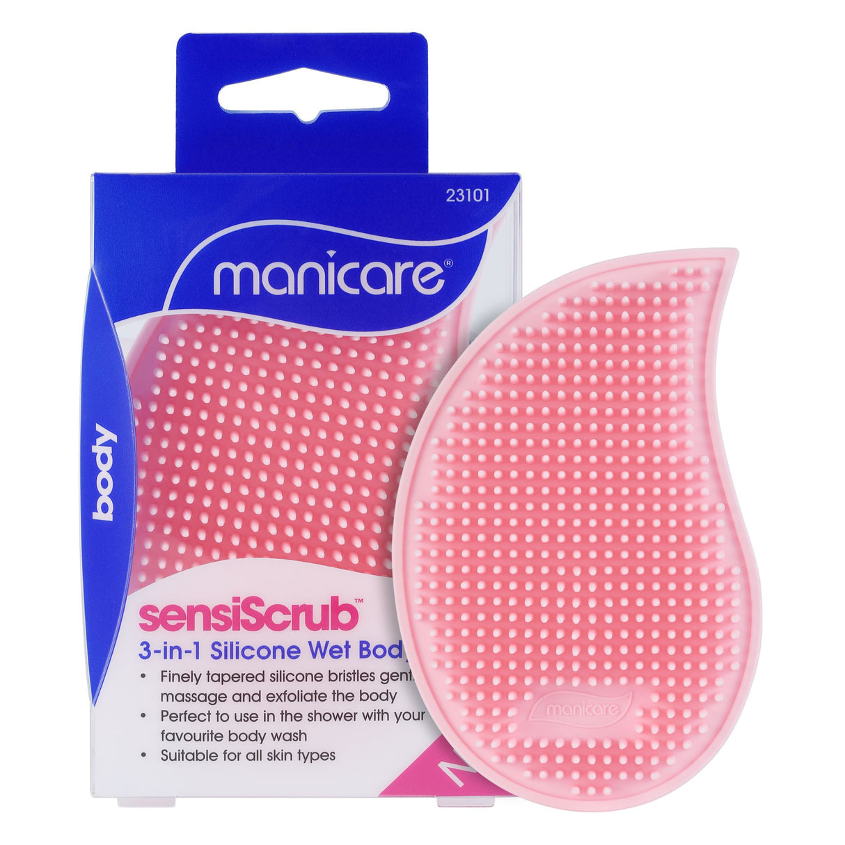 Manicare SensiScrub™ 3 in 1 Wet Body Brush with soft silicone bristles for gentle cleansing, exfoliation, and massage.