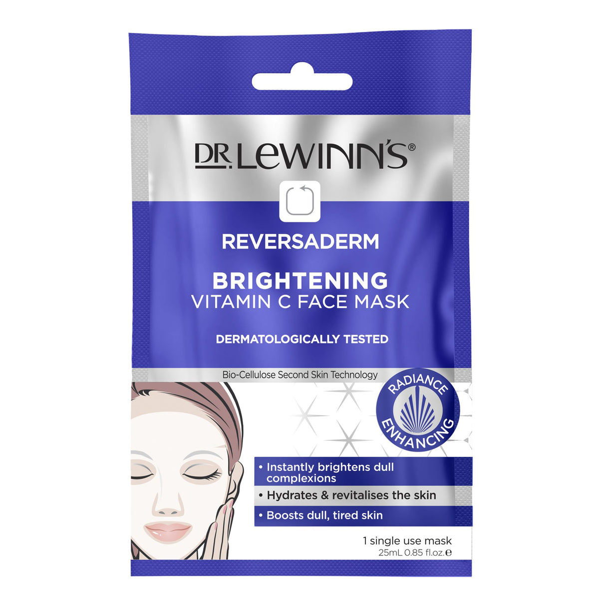 Dr. LeWinn's Brightening Vitamin C Face Mask with Bio-Cellulose technology for hydration, radiance, and eco-friendliness.