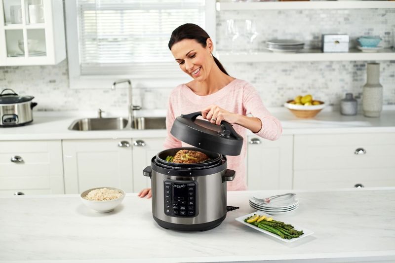 Sunbeam Crock Pot Multi Cooker with Easy Release, 5.7L capacity, 8-in-1 functionality, and user-friendly design.
