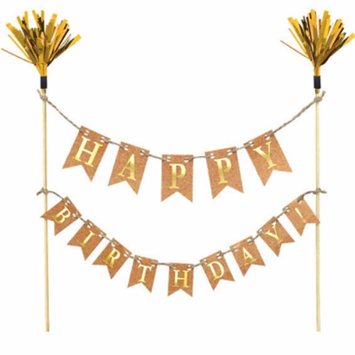 Gold Happy Birthday cake topper kit with wooden picks and embossed banners, perfect for elegant birthday celebrations.