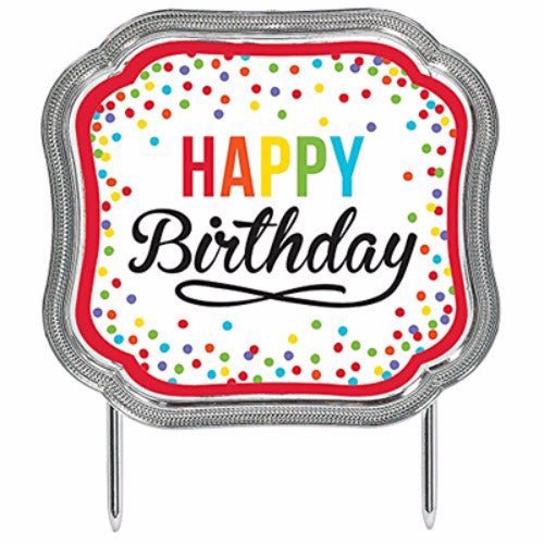 Colorful dots birthday cake topper with metallic silver border, 11cm x 13cm, perfect for festive celebrations.