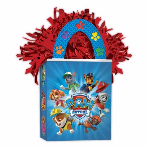 Paw Patrol balloon weight featuring Chase, Marshall, and Rubble; perfect for securing balloons at themed parties.