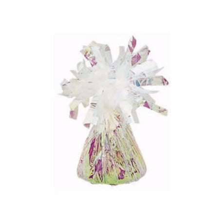 Iridescent mylar balloon weight, 150g, ideal for stabilizing balloons at parties and events.