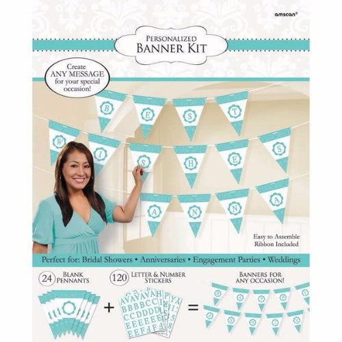Pennant Banner Kit in Robin's Egg Blue, includes 24 customizable pennants and 120 letters for personal messages.