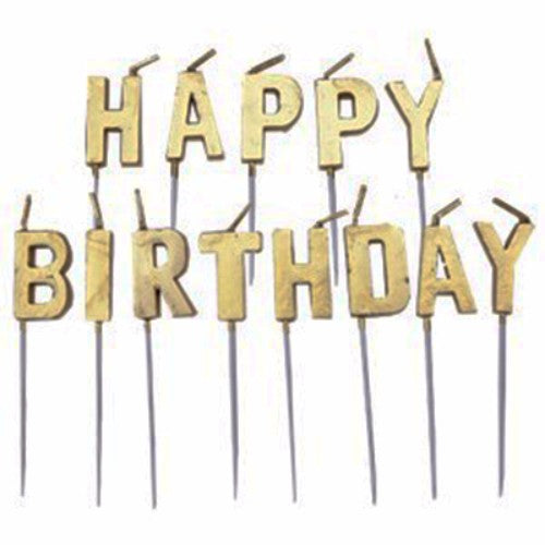 Gold metallic birthday candle set with 13 letters spelling 'HAPPY BIRTHDAY', ideal for cake decoration and celebrations.