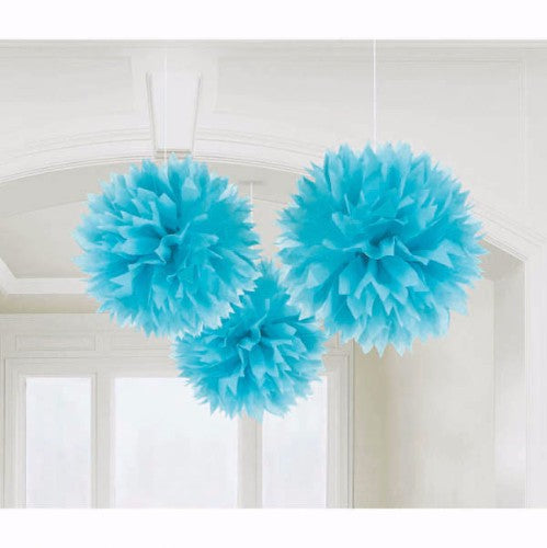 Pack of 3 blue fluffy hanging pom poms, 16 inches, perfect for festive events and easy to assemble.