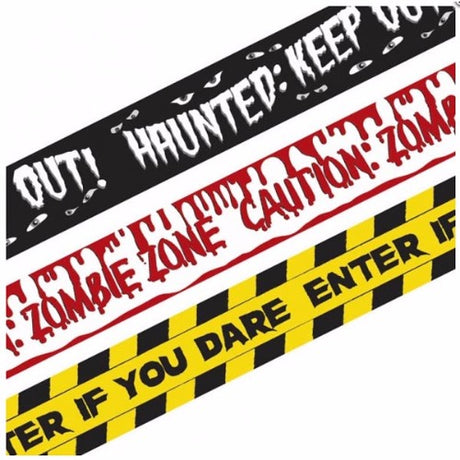 Set of 3 Halloween Fright Tape Banners, 9.1m long, featuring spooky messages for festive decor.