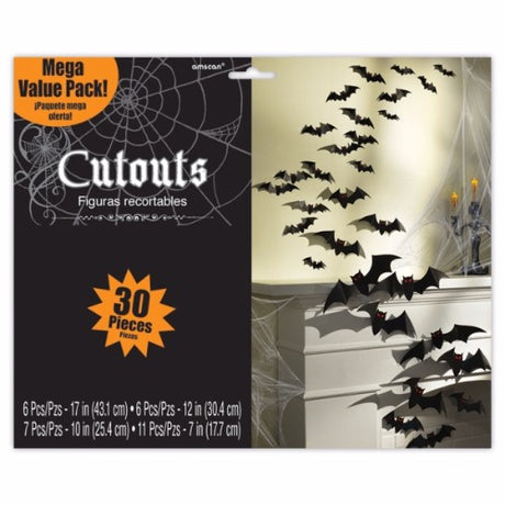 Pack of 30 Halloween bat cutouts in various sizes for spooky décor, perfect for enhancing your haunted settings.