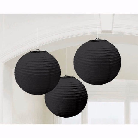 Elegant black round paper lanterns (24cm) in a pack of 3, perfect for indoor and outdoor décor at any event.