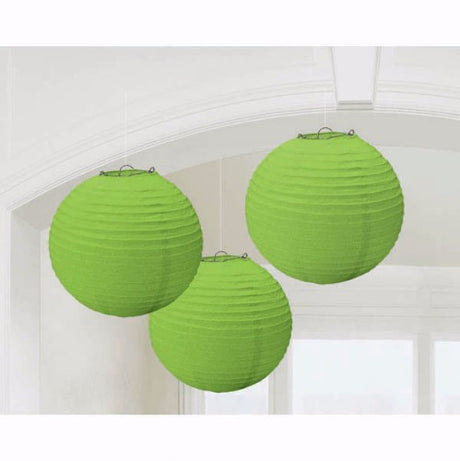 Pack of 3 lime green round paper lanterns, 24cm in diameter, perfect for vibrant event decor and ambient lighting.