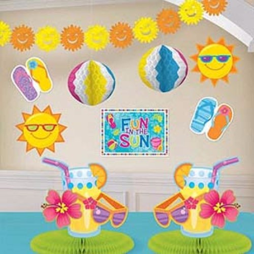 Vibrant summer party decorating kit with sun and flip flop cutouts, garland, and honeycomb decorations for festive atmospheres.