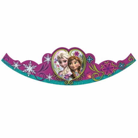 Pack of 8 glittery Frozen tiaras with elastic straps, perfect for birthday parties and imaginative play.