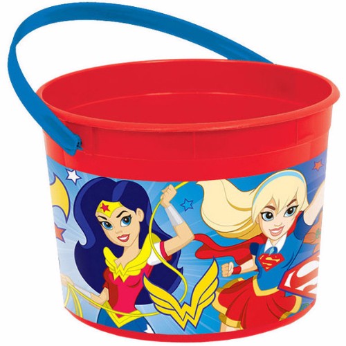 Vibrant Super Hero Girls favor container with handle, perfect for storing treats and toys at parties.