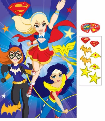 Colorful Super Hero Girls Party Game set for 2-8 players featuring a game board, stickers, and blindfold for fun adventures.