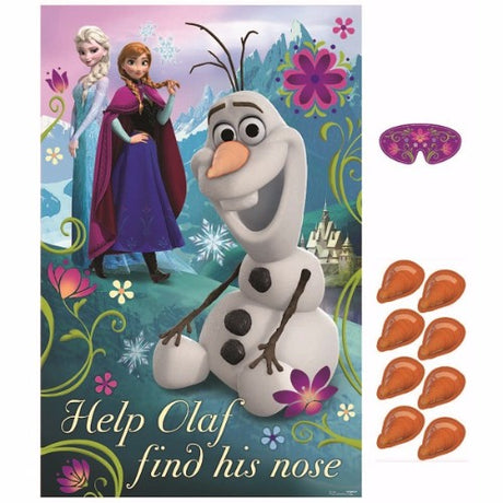 Frozen Party Game includes a plastic poster, stickers, and a paper blindfold for fun party activities.