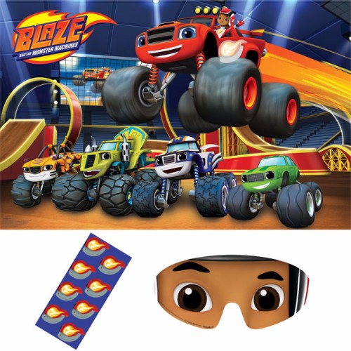 Blaze & The Monster Machines Party Game includes a large game board, customizable stickers, and a fun blindfold for kids.