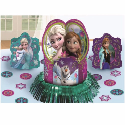 Frozen Table Decorating Kit featuring a 31cm centerpiece, 15cm centerpieces, and colorful confetti for winter-themed celebrations.