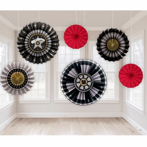 Vibrant Hollywood-themed paper fan decorations in a pack of 6, perfect for festive events and photo props.