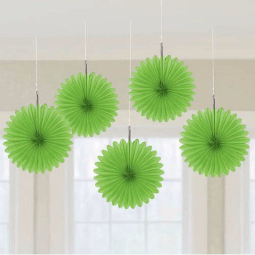 Pack of 5 mini hanging fans in vibrant lime green, perfect for adding charm to parties and events.