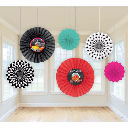 Set of 6 vintage 50's paper fans in three sizes, featuring cheerful patterns for a nostalgic touch at events.