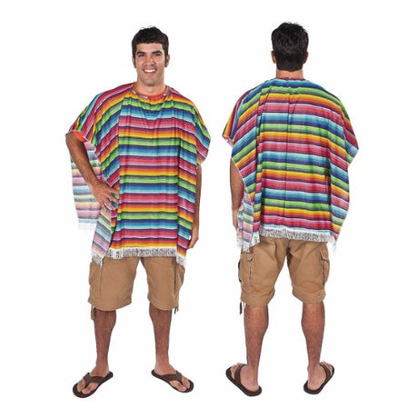 Vibrant Poncho Fiesta Multi Coloured Serape with fringes, perfect for festive occasions and layering over outfits.