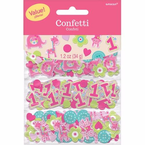 Vibrant One Wild Girl confetti pack for 1st birthday celebrations, featuring colorful designs and 34 grams of high-quality cardboard.