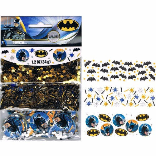 Batman Confetti Value Pack featuring vibrant foil and cardboard shapes, perfect for superhero-themed celebrations.