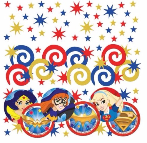 Vibrant Super Hero Girls confetti pack featuring colorful paper and foil, ideal for festive party decorations.