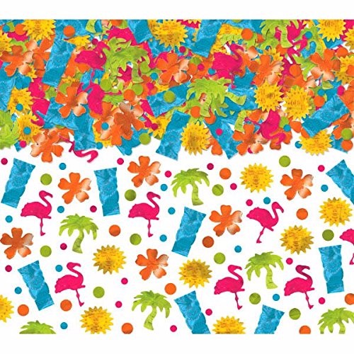 Colorful confetti mix featuring Tiki designs, flamingos, flowers, and palm trees for tropical-themed celebrations.