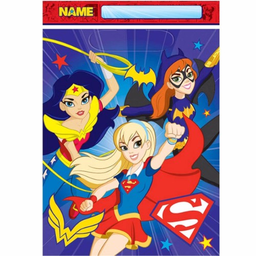 Bright Super Hero Girls loot bags, 22cm x 16cm, pack of 8 for party favors and treats at superhero-themed celebrations.