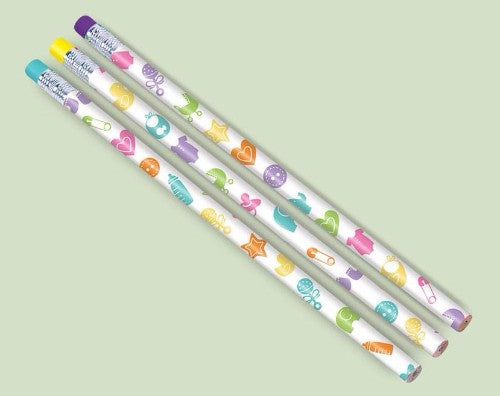 Colorful baby shower pencils with fun eraser ends, perfect for games and party favors, pack of 12.
