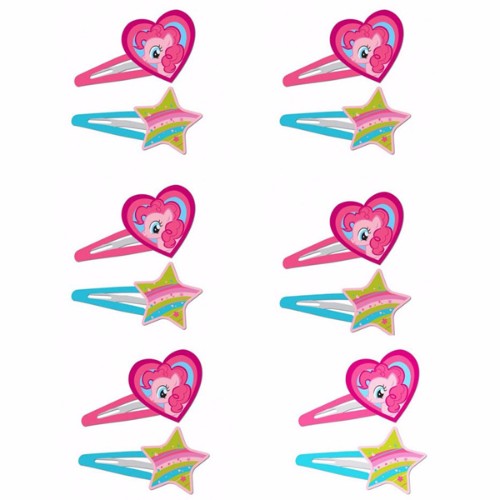 Sparkly My Little Pony hair clips in heart and star shapes, perfect for kids' hairstyles and fun outfits. Pack of 12.