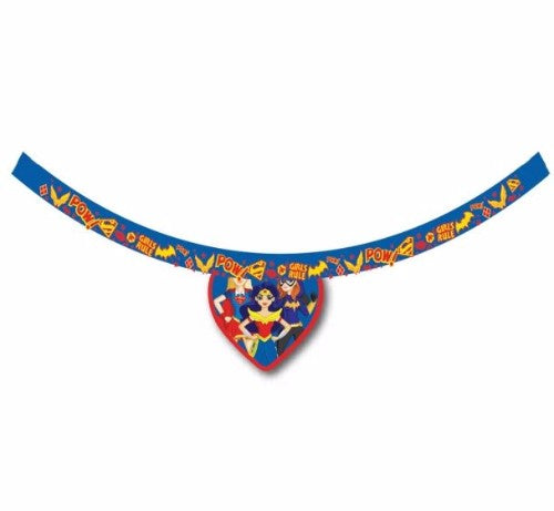 Pack of 12 vibrant Super Hero Girls Charm Necklaces featuring iconic character medallions and soft fabric cords.