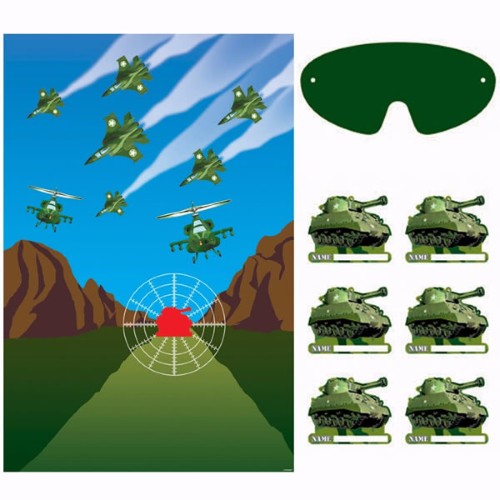 Camouflage Party Game set with game board, stickers, and blindfold for fun indoor stealth challenges.