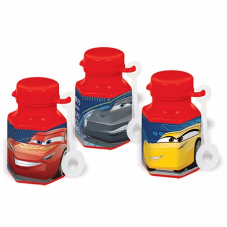 Pack of 12 Cars 3 Mini Bubbles Favors featuring vibrant designs for fun birthday celebrations and safe, non-toxic bubble play.