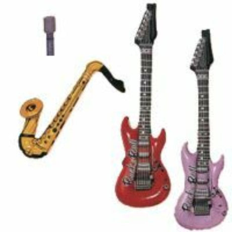 Inflatable Jukebox Rock Instruments set includes vibrant guitars, saxophone, and microphone for fun party entertainment.