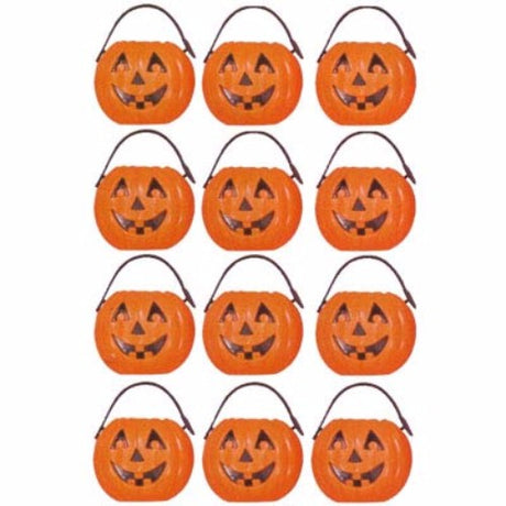 Set of 12 vibrant orange pumpkin treat pails, perfect for Halloween candy collection and festive decorations.