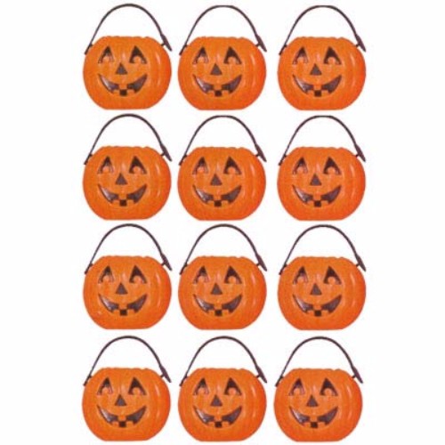 Set of 12 vibrant orange pumpkin treat pails, perfect for Halloween candy collection and festive decorations.