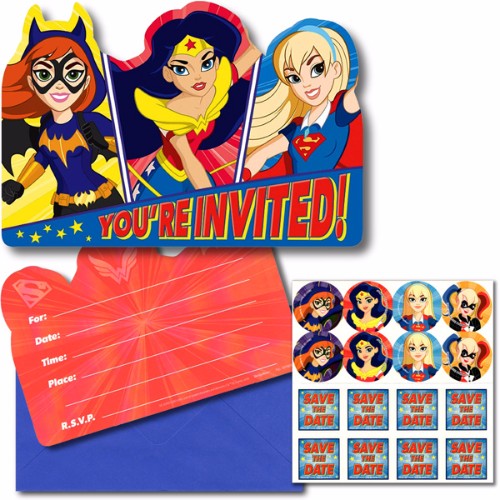 Colorful Super Hero Girls invitations pack of 8, featuring vibrant superheroine designs, envelopes, and Save the Date stickers.