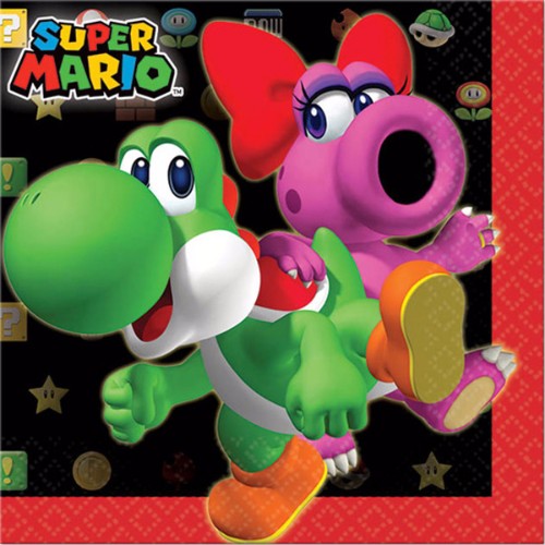 Colorful Super Mario Brothers napkins with Mario, Luigi, and Peach, perfect for parties and spills. Pack of 16, 2-ply.